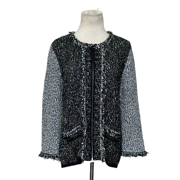 Karl Lagerfeld Two Tone Full Zip Fringe Detail Knit Jacket size Small - Picture 1 of 14